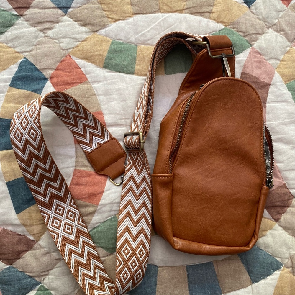 Brown Leather Crossbody Sling Bag with Chevron Strap